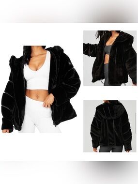 NEW ALO Yoga Black Faux-Fur Hooded Puffer Jacket Size XS
